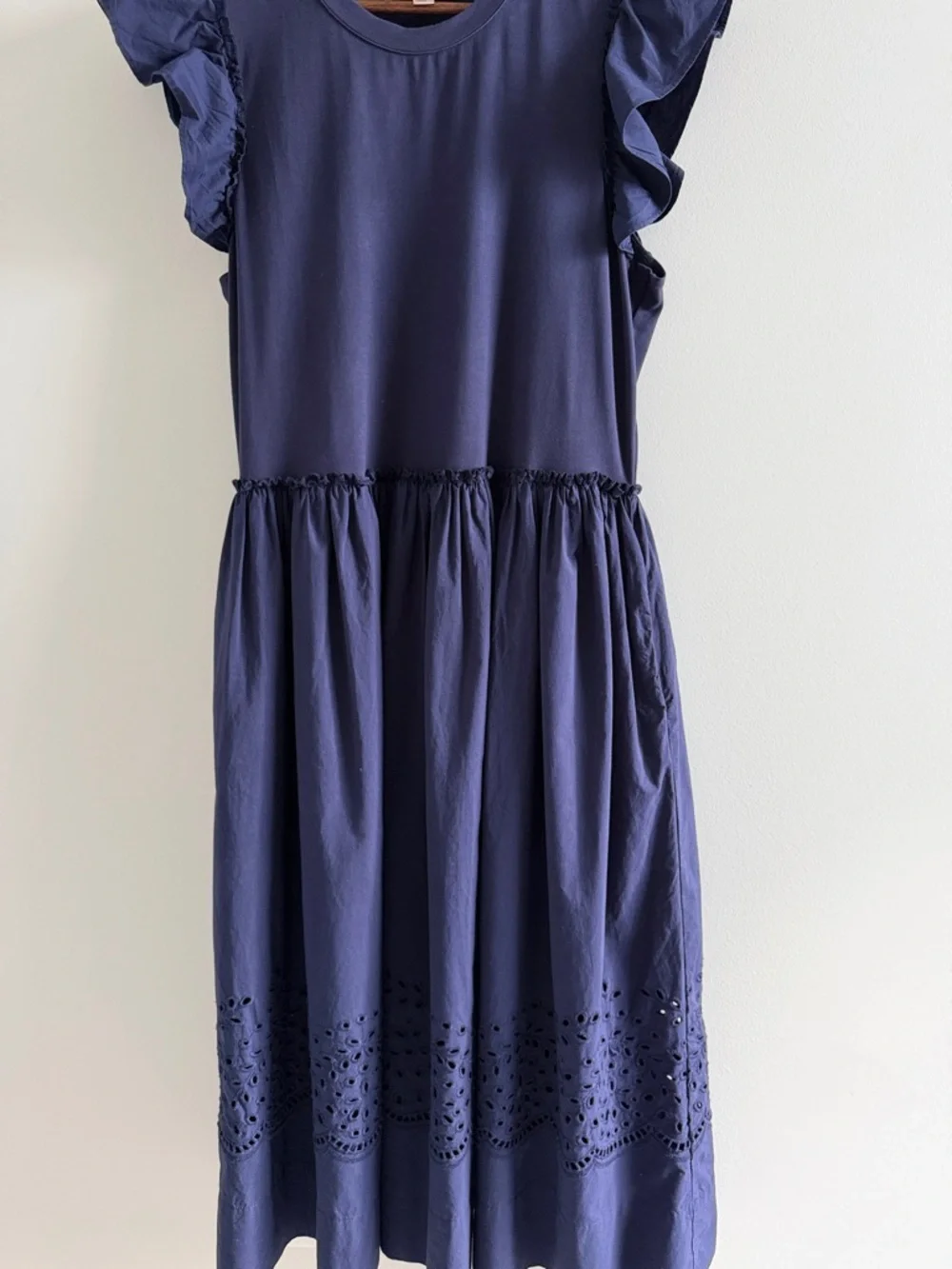 Philosophy Navy Ruffle Sleeve Midi Dress Eyelet Hem Large - Picture 7 of 13